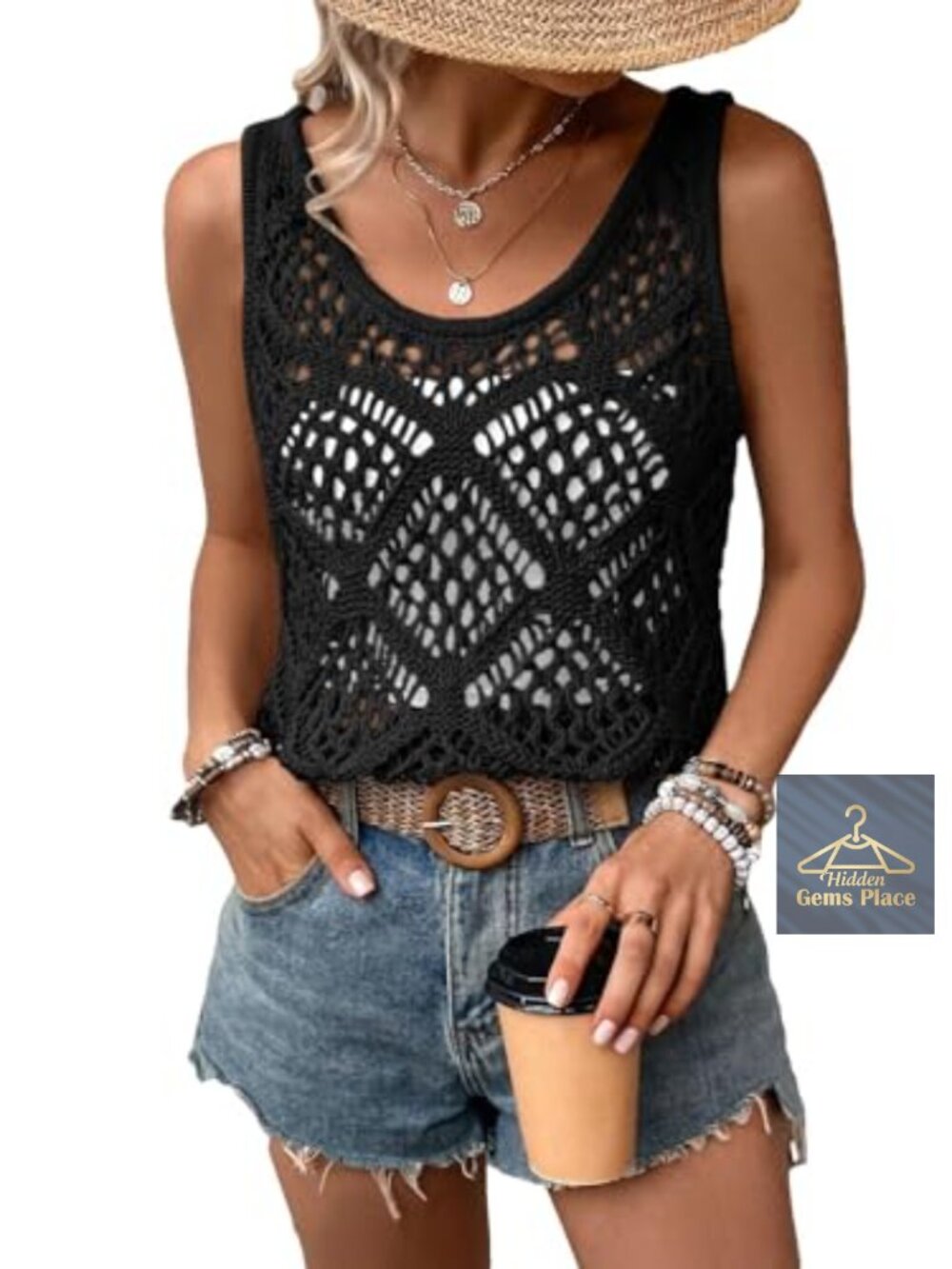 Imily Bela Womens Crochet Tank Top Knit Sleeveless Sweater Vest Summer